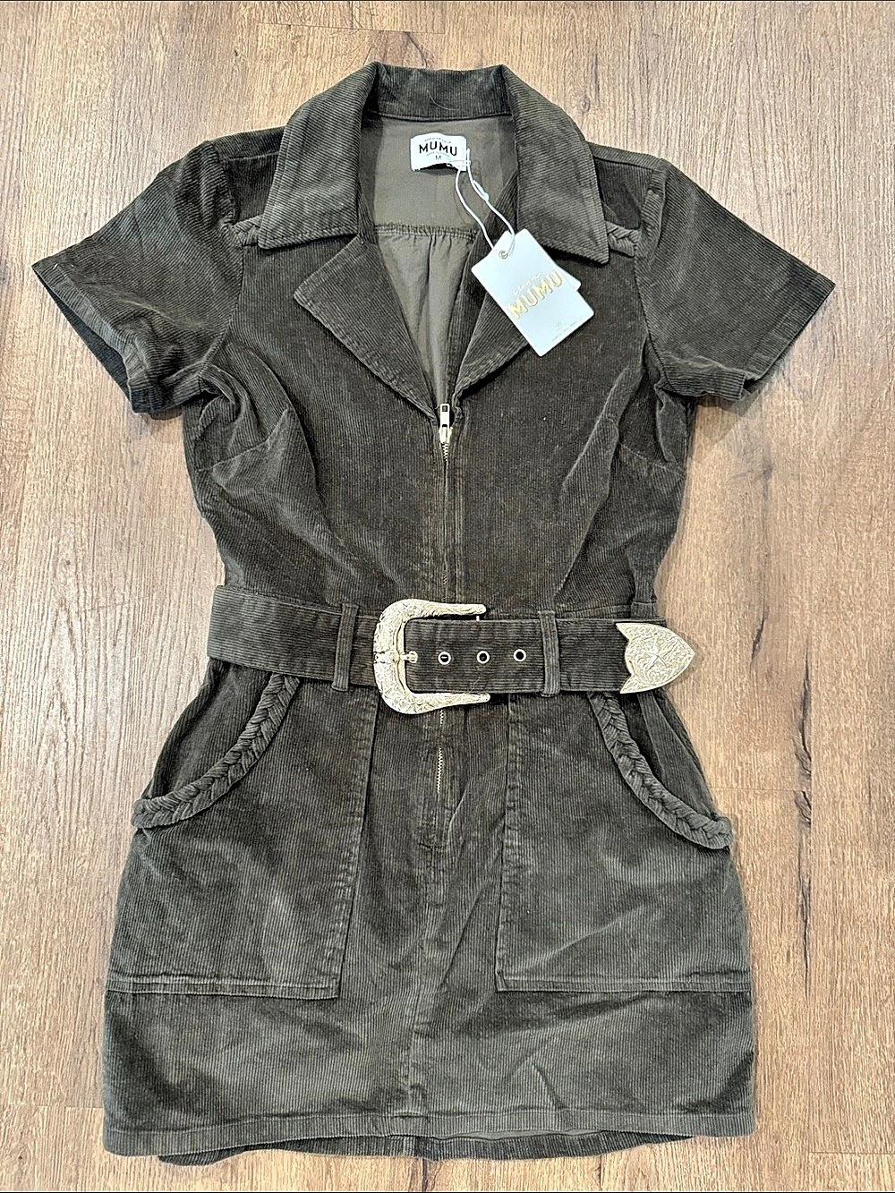 NWT Show Me Your MUMU Hunter Green Corduroy Zip-Front Belted Mini Dress